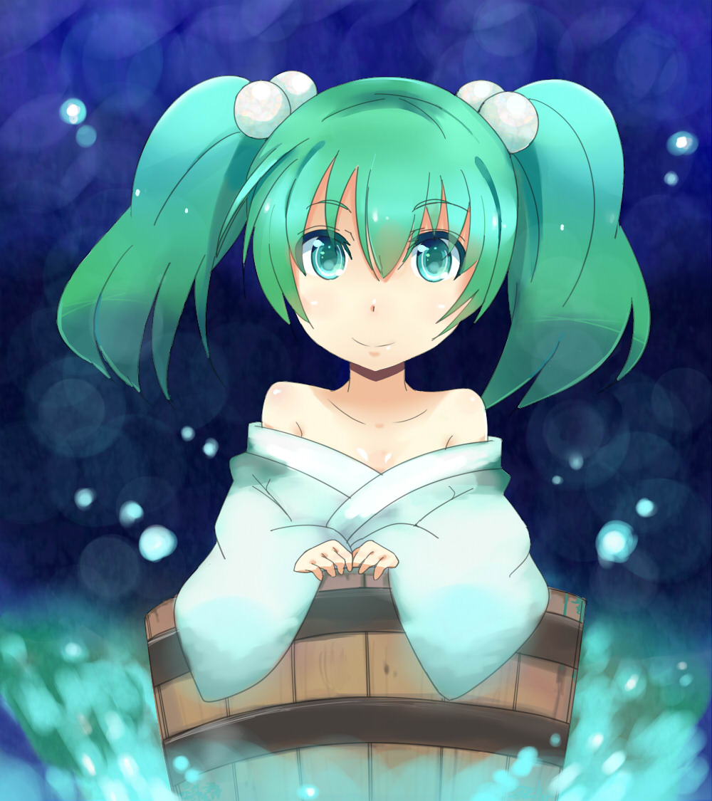 bucket, collarbone, green_eyes, green_hair, hair_bobbles, hair_ornament, in_bucket, in_container, kisume, long_sleeves, nitorino, off_shoulder, short_hair, smile, solo, touhou, twintails, wide_sleeves