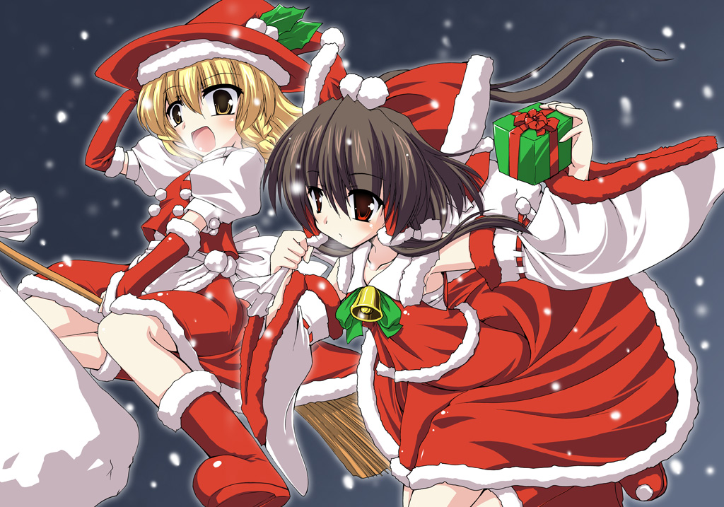 bell, blonde_hair, bow, braid, broom, brown_hair, christmas, detached_sleeves