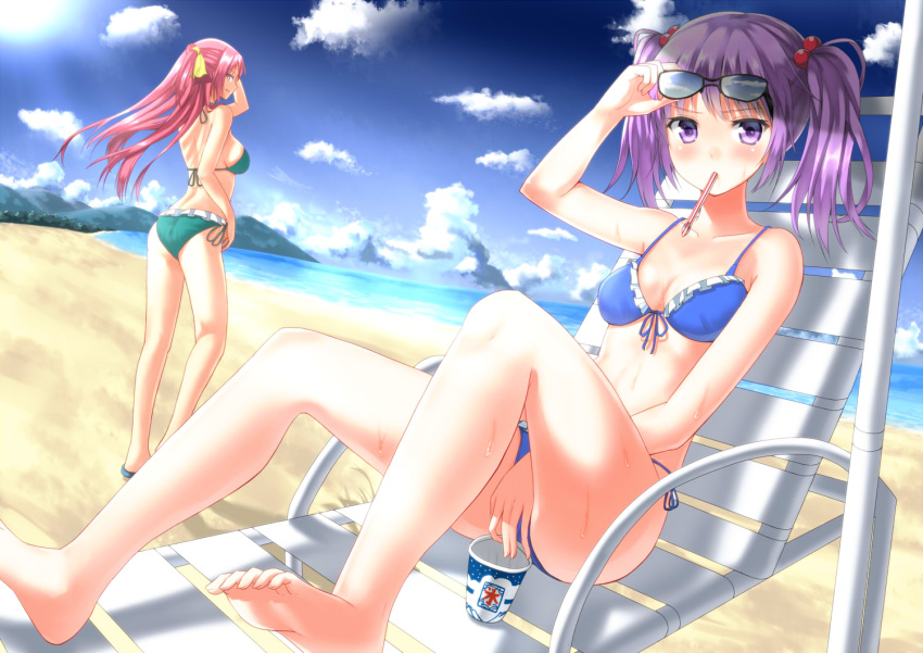 adjusting_glasses, adjusting_sunglasses, alexmaster, back, bare_shoulders, barefoot, beach, bikini
