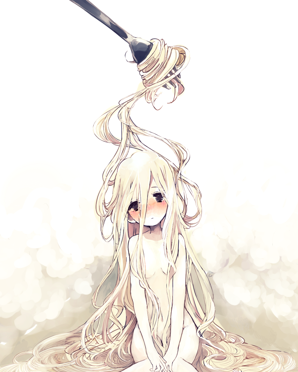 black_eyes, blonde_hair, blush, bukiyama, fork, highres, long_hair, nude