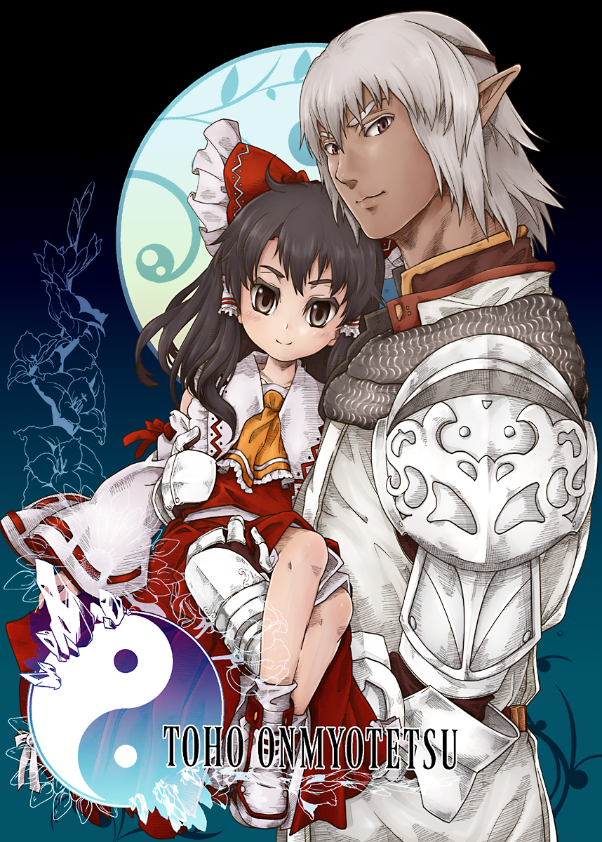 1girl, armor, black_hair, blue_background, brown_eyes, buront, carrying, dark_skin, elf, elvaan, final_fantasy, final_fantasy_xi, flower, hakurei_reimu, highres, looking_at_viewer, pointy_ears, silver_hair, tanigawainu_usagi, the_iron_of_yin_and_yang, title_drop, touhou, yin_yang