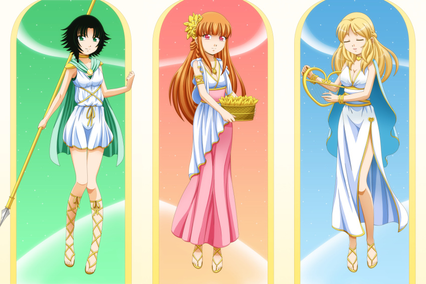 basket, black_hair, blonde_hair, blossom_(ppg), blue_eyes, bubbles_(ppg), buttercup_(ppg), dress, eyes_closed, greek_mythology, green_eyes, hair_ornament, harp, long_hair, pink_eyes, powerpuff_girls, red_hair, redhead, sandals, short_hair, smile, spear, tunic, xenokurisu