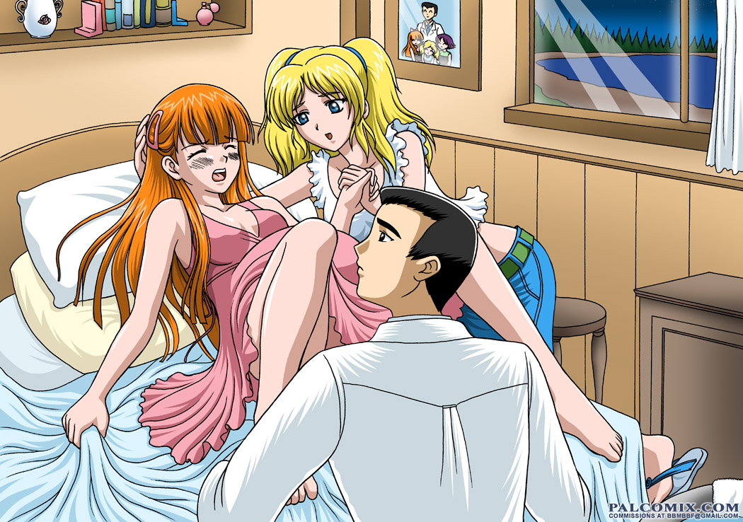 1boy, 2girls, barefoot, bbmbbf, blonde_hair, blossom_(ppg), bubbles_(ppg), childbirth, closed_eyes, dress, hairclip, holding_hands, labour, long_hair, multiple_girls, powerpuff_girls, pregnant, professor_utonium, redhead, sandals, screaming, twintails
