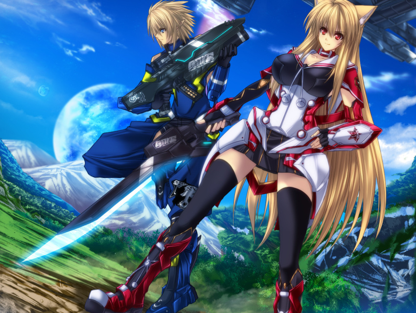 1girl, afin, animal_ears, assault_rifle, blonde_hair, blue_eyes, boots, cat_ears, energy_sword, gun, gunblade, juri_(shiningred), long_hair, phantasy_star, phantasy_star_online_2, pointy_ears, red_eyes, rifle, short_hair, skirt, sword, thigh-highs, thighhighs, weapon, wiola_magica, zettai_ryouiki