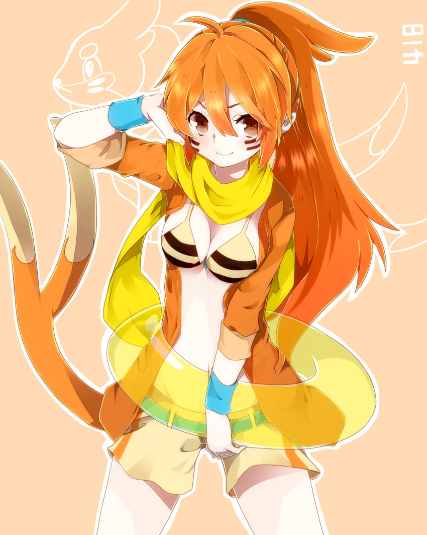 bikini, bikini_top, breasts, brown_eyes, brown_hair, buizel, cowboy_shot, facial_mark