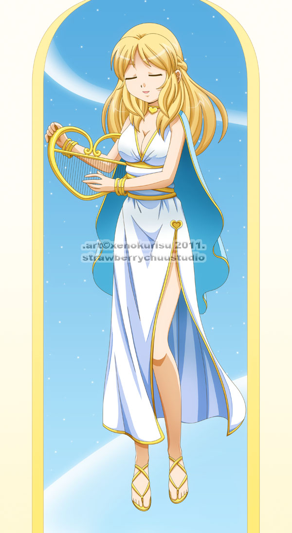 aphrodite, blonde_hair, blue_eyes, bubbles_(ppg), dress, flying, greek_mythology, harp