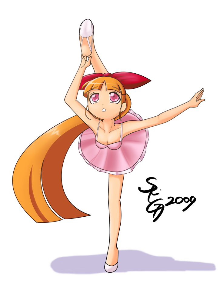 ballerina, ballet_shoes, blossom_(ppg), giant_hairbow, long_hair, pink_eyes, powerpuff_girls, redhead