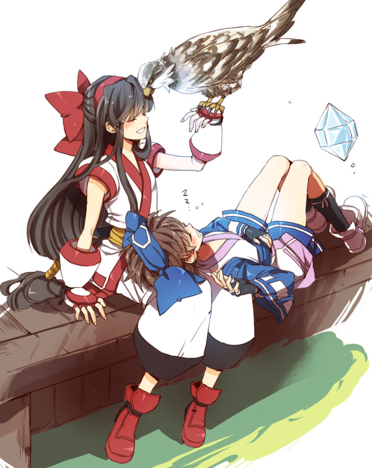 ainu_clothes, bad_id, bird, black_hair, blush, brown_hair, closed_eyes, eyes_closed