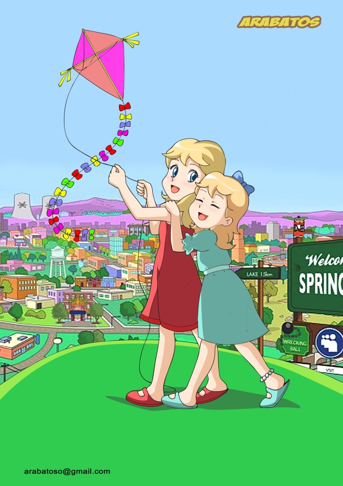 2girls, ankle_bracelet, arabatos, blonde_hair, blue_dress, blue_eyes, cityscape, dress, hair_bow, hug_from_behind, kite, lisa_simpson, long_hair, maggie_simpson, mary_janes, necklace, outdoors, pearls, red_dress, sisters, smile, the_simpsons