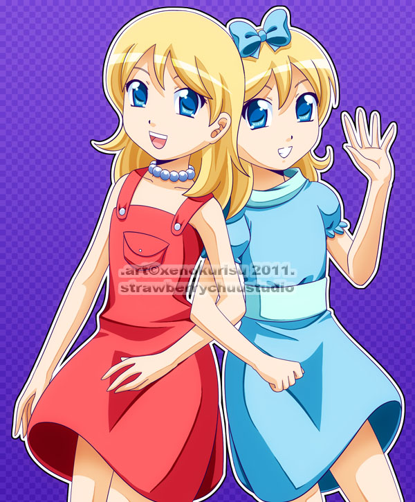 2girls, arm_in_arm, blonde_hair, blue_dress, blue_eyes, bow, dress, hair_bow