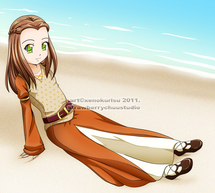 beach, belt, brown_hair, chronicles_of_narnia, dress, green_eyes, hair_braids, leaning_back