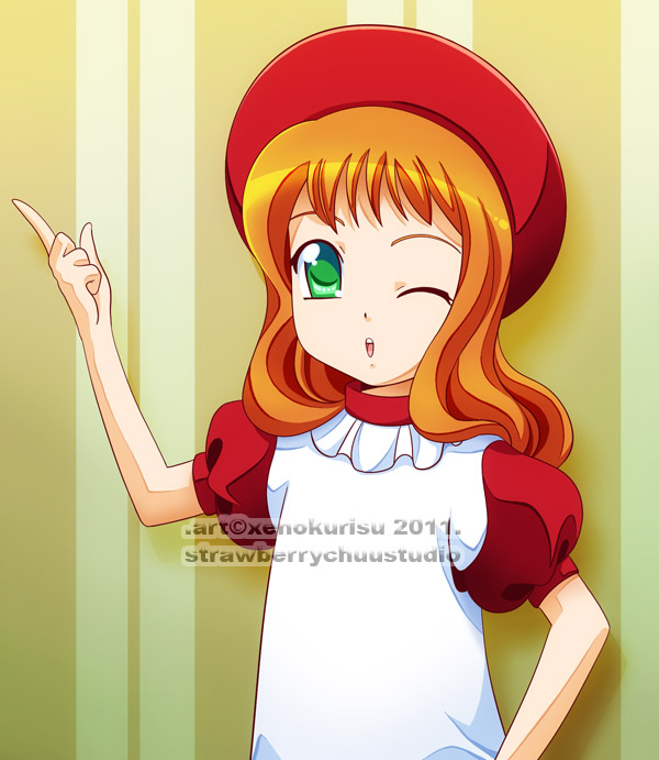alice, alice_in_wonderland, apron, arm_raised, bangs, dress, fushigi_no_kuni_no_alice, green_eyes