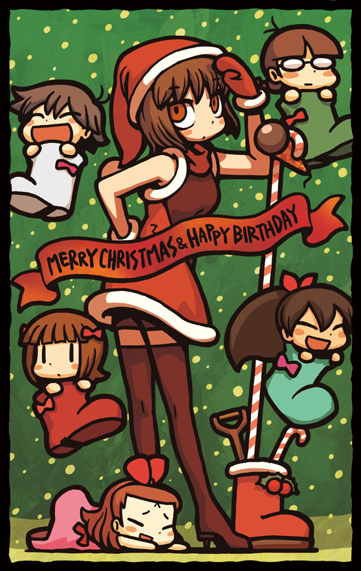 amami_haruka, brown_eyes, brown_hair, christmas, ganaha_hibiki, gloves, hagiwara_yukiho, hat
