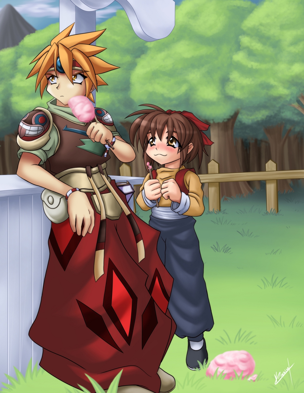 amber_eyes, ark, baggy_pants, boy, brown_hair, cotton_candy, girl, hair_bow
