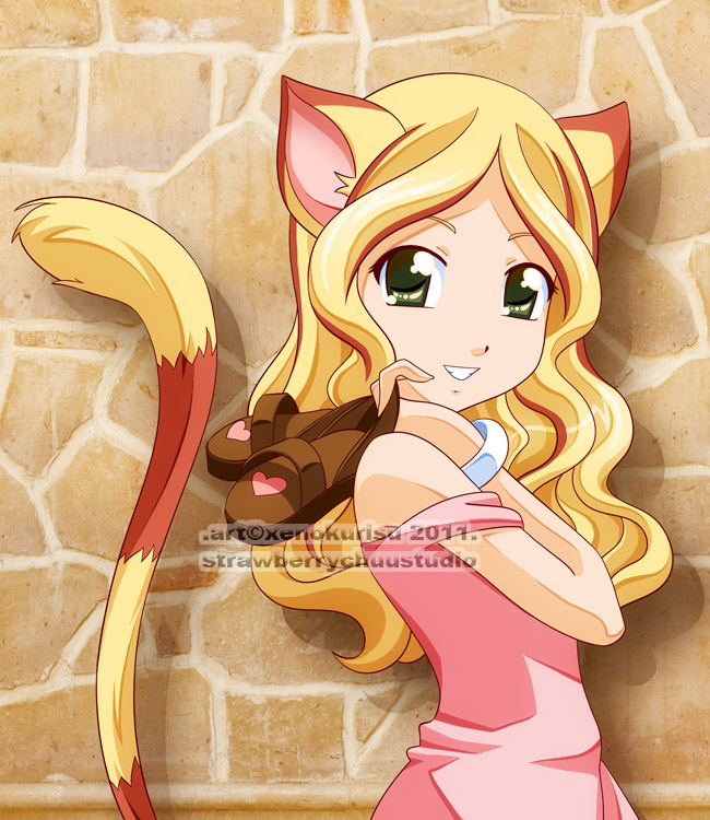 blonde_hair, catgirl, dress, green_eyes, highlights, long_hair, nekomimi, off_the_shoulder