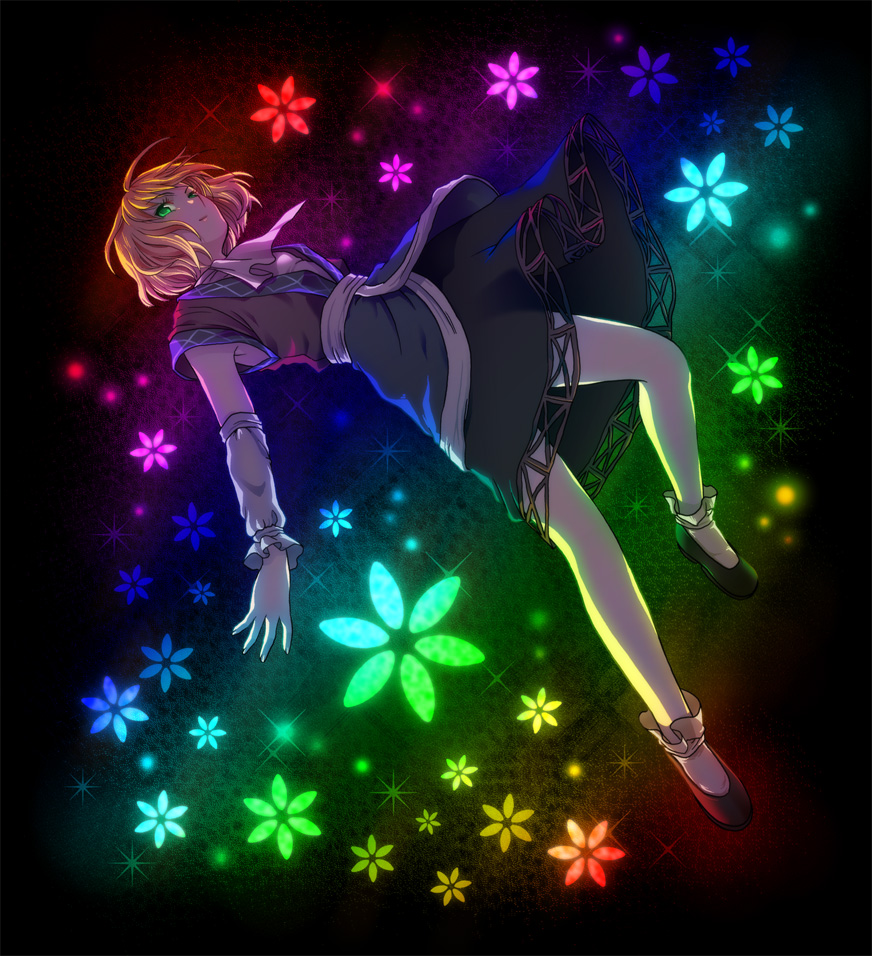 arm_warmers, bare_legs, blonde_hair, colorful, dark, falling, flower, green_eyes