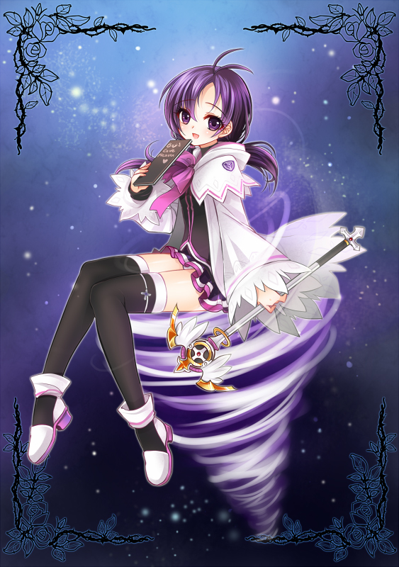 aisha_(elsword), black_legwear, blue_background, book, bow, coat, elsword, gradient