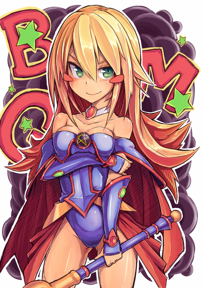 bare_shoulders, blonde_hair, blush, blush_stickers, breasts, cape, choker, cleavage