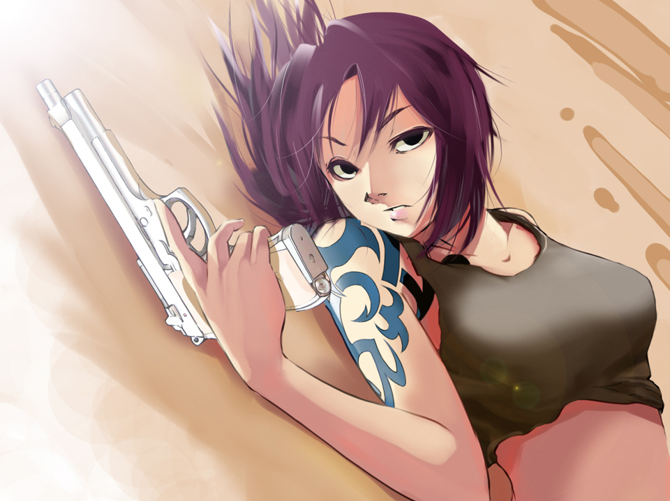 1girl, black_lagoon, crop_top, gun, hako_(daibanchou), handgun, lens_flare, pistol