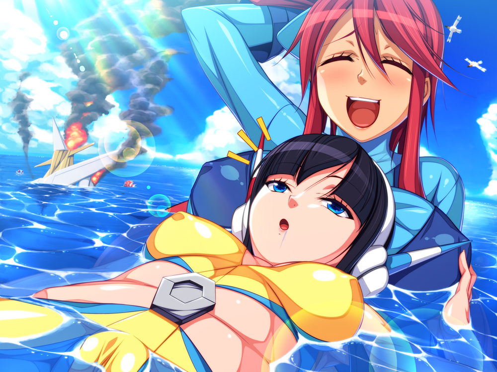 black_hair, blue_eyes, blush, breasts, chozuru, closed_eyes, erect_nipples, eyes_closed, fire, fuuro_(pokemon), headphones, huge_breasts, kamitsure_(pokemon), magikarp, multiple_girls, ocean, open_mouth, payot, pokemon, pokemon_(game), pokemon_bw2, red_hair, redhead, saliva, ship, smoke, tentacruel, water, wingull