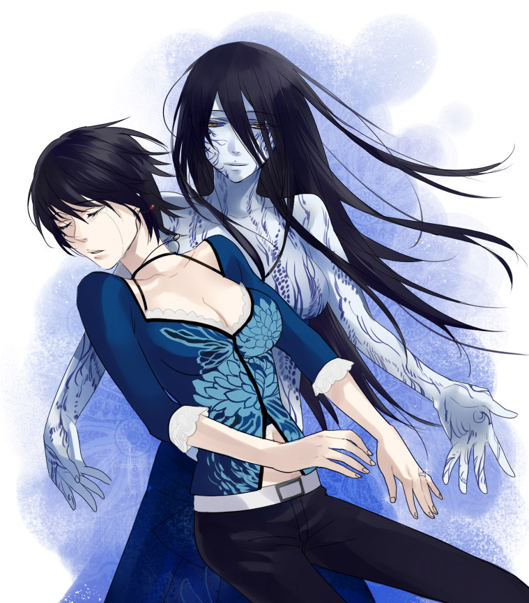 black_hair, blue_skin, blush, breasts, cleavage, closed_eyes, collar, eyes_closed