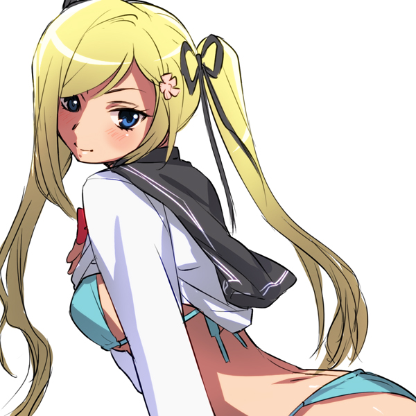 arched_back, back, bangs, bent_over, bikini, blonde_hair, blue_eyes, blush, character_request, flower, fringe, hair_flower, hair_ornament, kanojo_x_kanojo_x_kanojo, long_hair, naso4, orifushi_mafuyu, simple_background, smile, solo, swimsuit, twintails, white_background