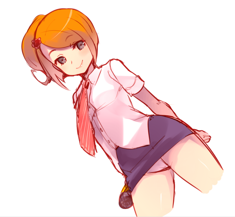 arms_behind_back, character_request, grey_eyes, hair_ornament, hairpin, microphone, miniskirt, minna_no_rhythm_tengoku, naso4, necktie, orange_hair, pantyshot_(standing), reporter_(rhythm_tengoku), rhythm_tengoku, short_sleeves, side_ponytail, skirt, smile, solo, upskirt