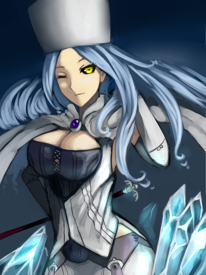 aleron, belinda, black_sclera, blue_hair, breasts, cape, cleavage, corset