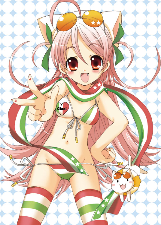 ahoge, animal_ears, animal_hat, bad_id, bikini, blush, blush_stickers, cat, cat_ears, cute, fang, fingernails, flat_chest, front-tie_top, hair_ribbon, hand_on_hip, hat, heart, innertube, italy, izumi_rei, l3_(tank), loli, long_fingernails, long_hair, lowleg, lowleg_bikini, mecha_musume, moe_moe_niji_taisen_deluxe, moe_moe_niji_taisen_ryaku, multicolored_legwear, nail_polish, open_mouth, pink_hair, polka_dot, red_eyes, ribbon, scarf, short_twintails, side-tie_bikini, smile, standing, star, striped, striped_bikini, striped_legwear, striped_scarf, striped_swimsuit, striped_thighhighs, sunglasses, sunglasses_on_head, swimsuit, thigh-highs, thighhighs, twintails, v, veloce, very_long_hair