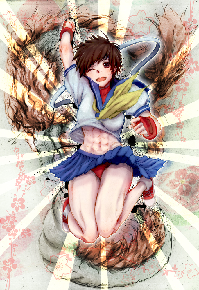 3e, abs, brown_hair, buruma, headband, jumping, kasugano_sakura, open_mouth, short_hair, six_pack, solo, street_fighter, street_fighter_zero, wink
