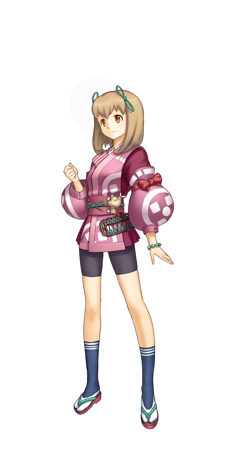 ar_tonelico, ar_tonelico_iii, bike_shorts, bow, bracelet, brown_hair, gust, hair_bow, highres, japanese_clothes, jewelry, legs, nagi_(artist), nagi_ryou, official_art, sandals, sasha_(ar_tonelico), short_hair, solo, stuffed_animal, stuffed_toy, transparent_background, yellow_eyes