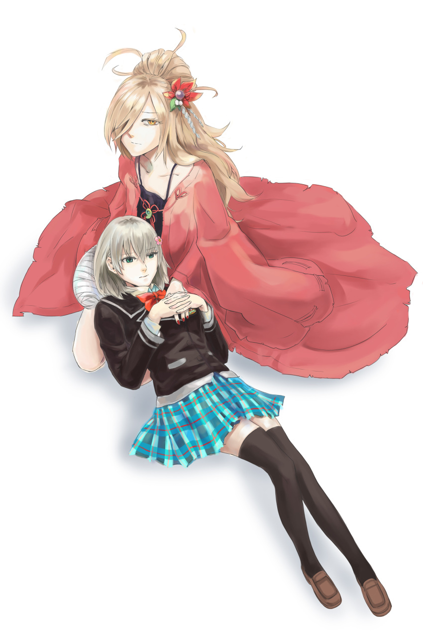 binbougami_ga!, black_legwear, blazer, blonde_hair, bowtie, camisole, cast, cloak, flower, green_eyes, hair_flower, hair_ornament, hair_over_one_eye, highres, japanese_clothes, lap_pillow, long_hair, lying, messy_hair, miniskirt, momiji_(binbougami_ga!), multiple_girls, on_back, plaid, plaid_skirt, ponytail, sakura_ichiko, school_uniform, seiza, shoes, silver_hair, sitting, skirt, thigh-highs, thighhighs, yellow_eyes, yhhexileproject, yhhexilproject, zettai_ryouiki