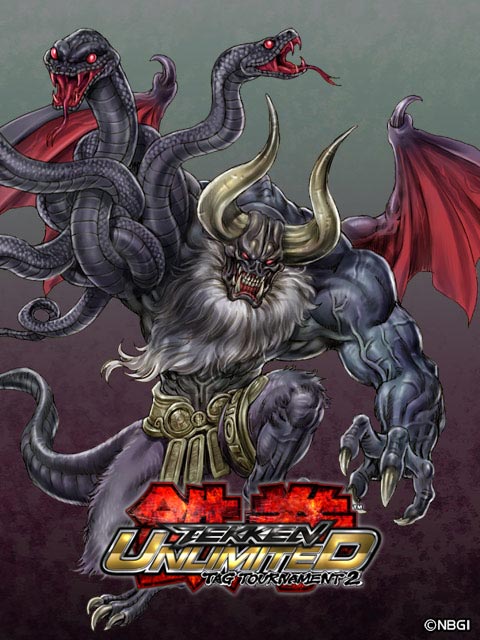 bat_wings, beard, claws, facial_hair, fangs, glowing, glowing_eyes, horns, monster, muscle, namco_bandai, no_humans, official_art, ogre_(tekken), snake, snake_tail, solo, tekken, tekken_tag_tournament_2, true_ogre, white_hair, wings, yamashita_shun'ya, yamashita_shun'ya