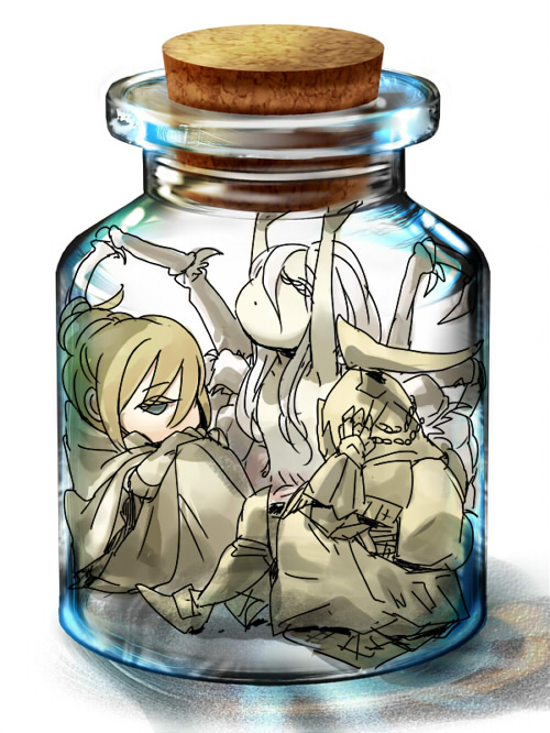 anastacia_of_astora, armor, blonde_hair, bottle, cloak, dark_souls, kmitty, lady_of_the_darkling, multiple_girls, quelaag's_sister, quelaag's_sister, quelaan, spider