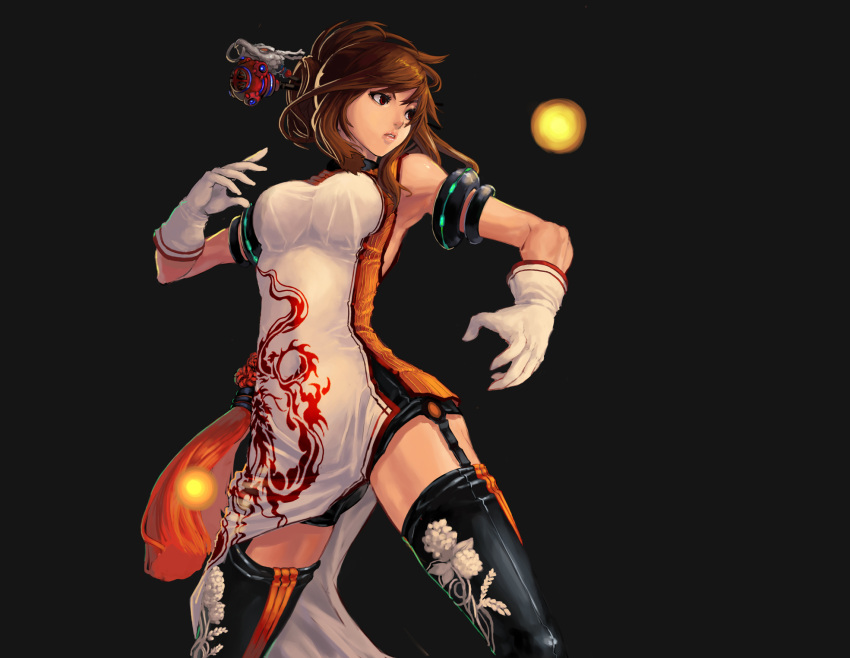 armlet, armpits, bare_shoulders, black_background, black_legwear, breasts, brown_eyes, brown_hair