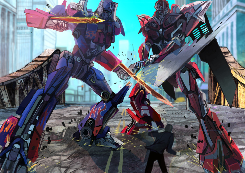 building, city, dark_side_of_the_moon, fighting, highres, kanegon_(facialexpression), optimus_prime, robot, sentinel_prime, spark, sword, transformers, weapon