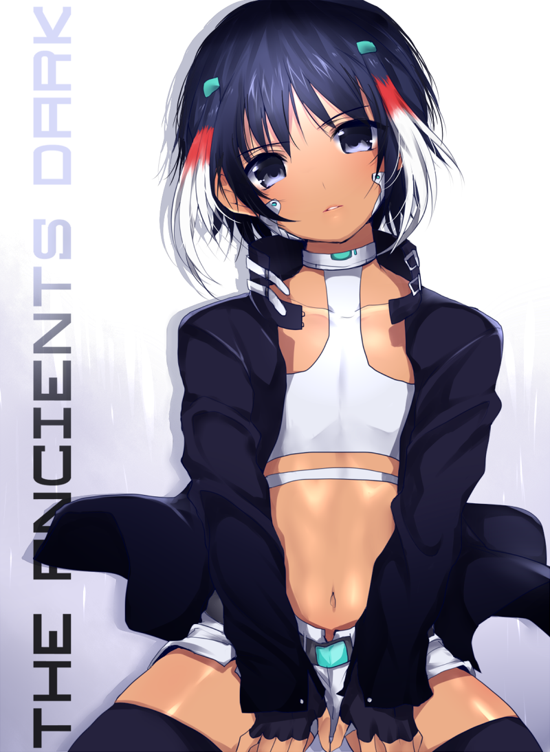 ancient_dark, black_eyes, black_hair, black_legwear, blue_eyes, blue_hair, blush, english, fingerless_gloves, gakuran, gloves, hair_ornament, inazuma_eleven, inazuma_eleven_(series), inazuma_eleven_go, jacket, looking_at_viewer, male, mataro, multicolored_hair, navel, open_clothes, open_jacket, red_hair, short_hair, short_shorts, shorts, shuu_(inazuma_eleven), sitting, solo, thigh-highs, thighhighs, transparent_background, white_hair