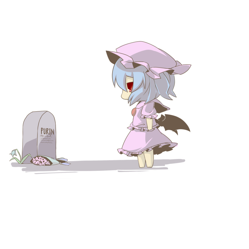 1girl, bad_id, bat_wings, blue_hair, chibi, eiri_(eirri), gravestone, hat, highres, remilia_scarlet, short_hair, solo, tombstone, touhou, wings