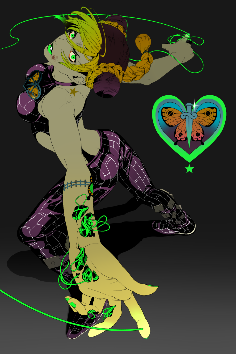 bare_shoulders, black_hair, blonde_hair, braid, butterfly, dagger, double_bun, green_eyes