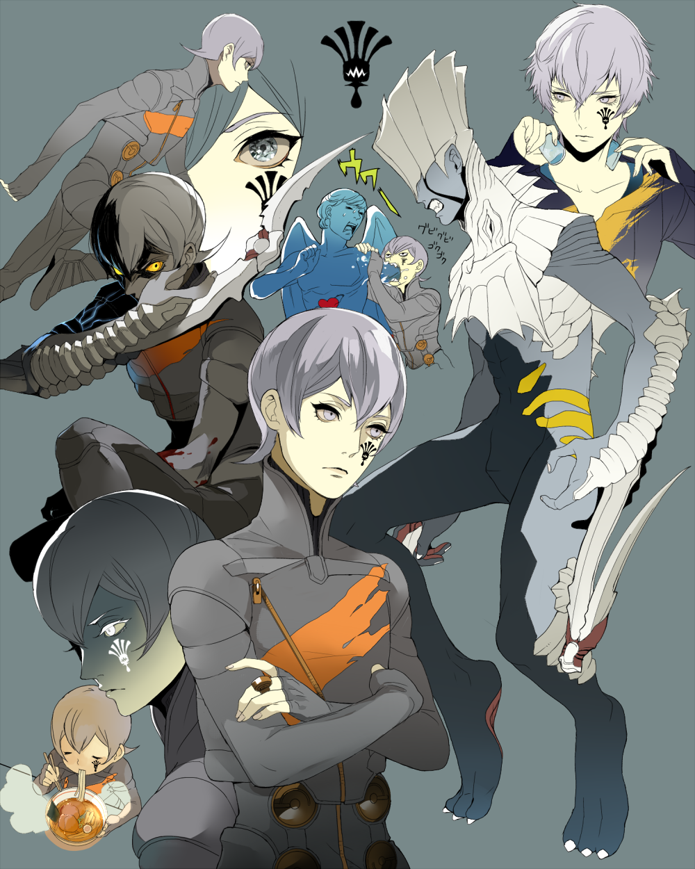 digital_devil_saga, eating, facial_mark, food, grey_eyes, grey_hair, highres, multiple_persona, noodles, serph, shirano, tattoo, varuna_(digital_devil_saga)