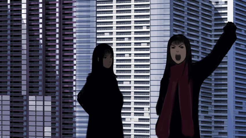 angry, black_hair, city, kusaka, kusaka_souji, multiple_girls, original, scarf