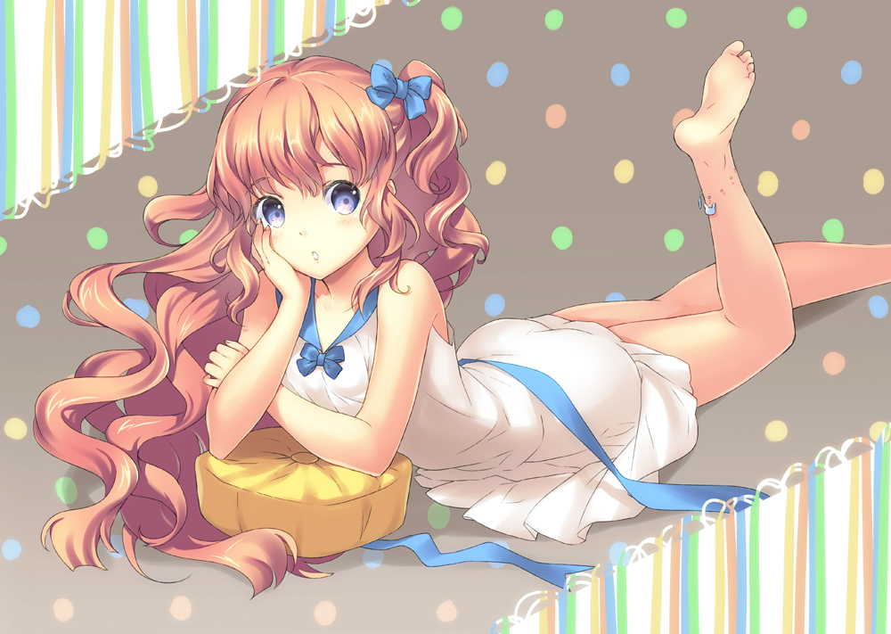 anklet, barefoot, blue_eyes, bow, curly_hair, dress, feet, hair_bow, hand_on_own_face, jewelry, legs_up, long_hair, looking_at_viewer, lying, on_stomach, orange_hair, original, pillow, side_ponytail, sleeveless, sleeveless_dress, soles, solo, toes, unya_(unya-unya), wavy_hair