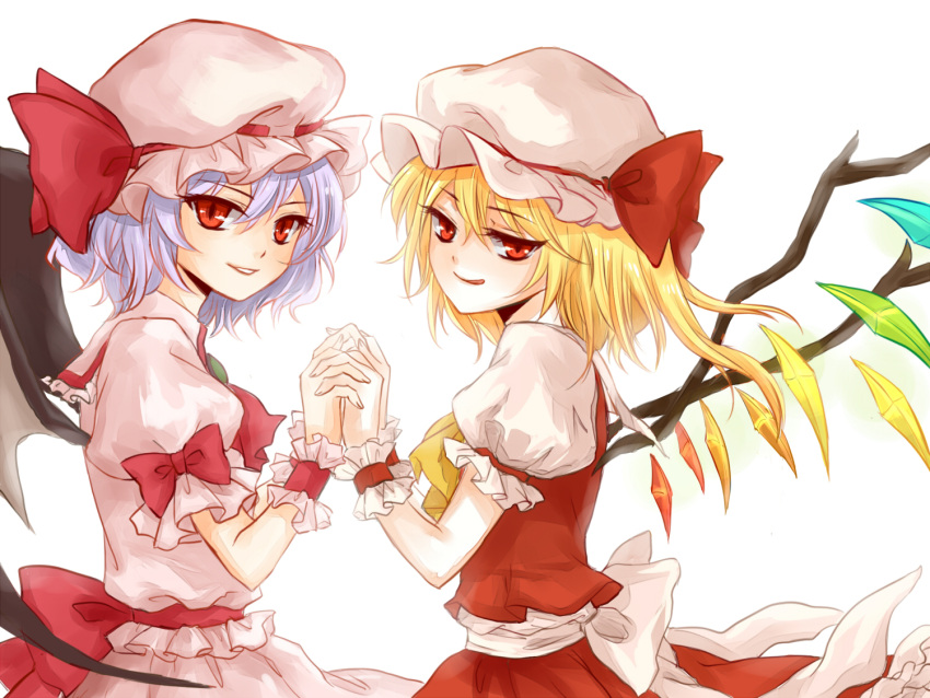 ascot, bat_wings, blonde_hair, blue_hair, bow, crystal, flandre_scarlet, hair_bow