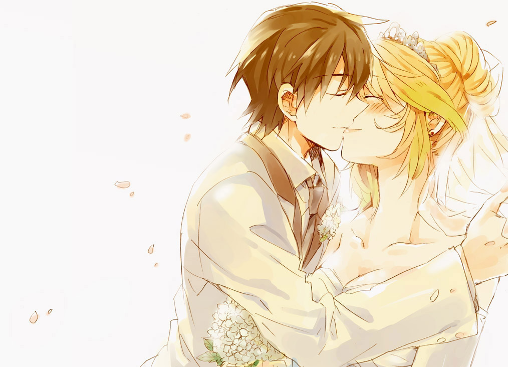 brown_hair, closed_eyes, collarbone, couple, dress, earrings, eyes_closed, flower