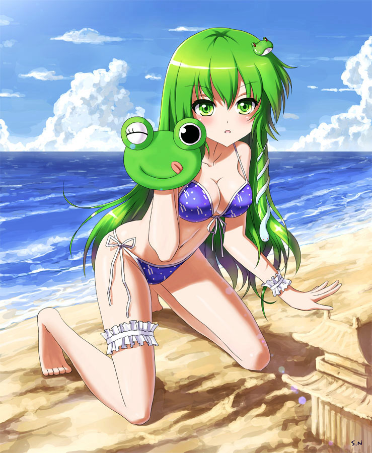 :o, beach, bikini, blush, breasts, cleavage, cloud, frog_hair_ornament