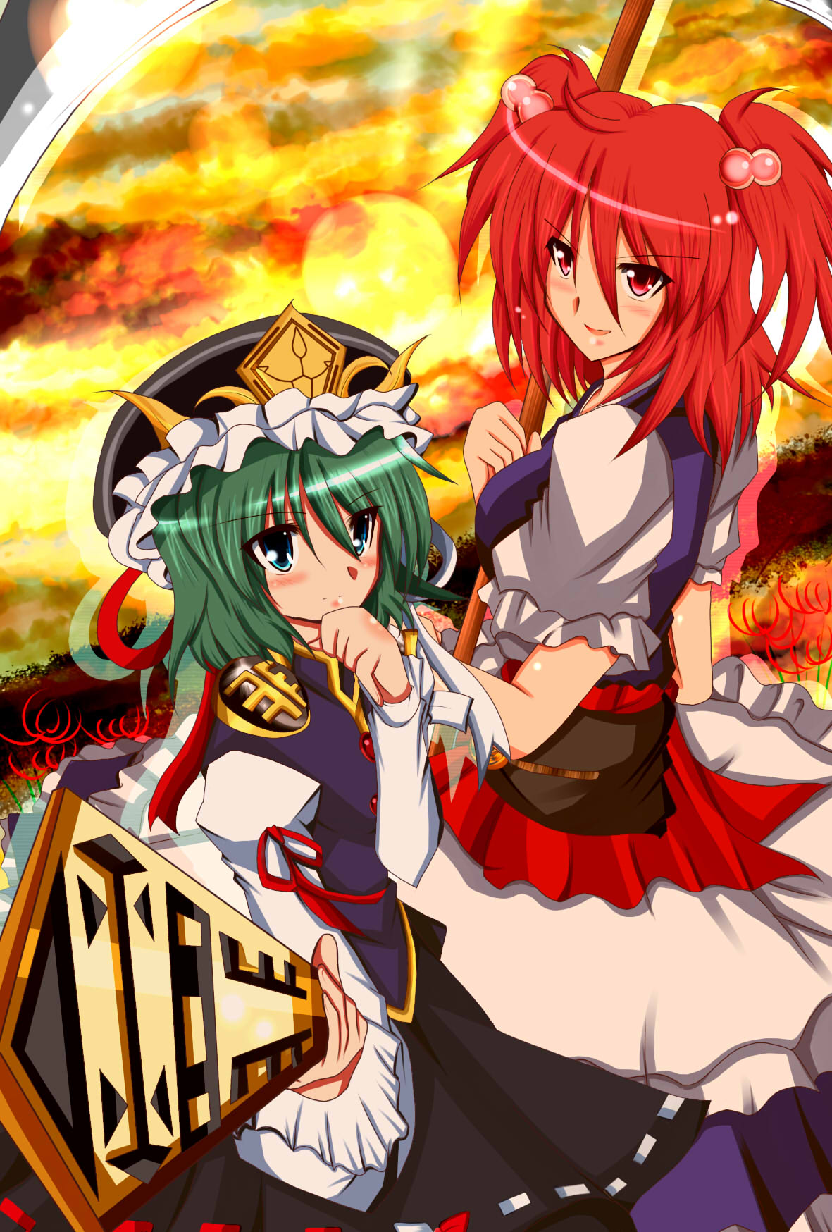 ahoge, blue_eyes, foreshortening, green_hair, hair_bobbles, hair_ornament, hat, highres