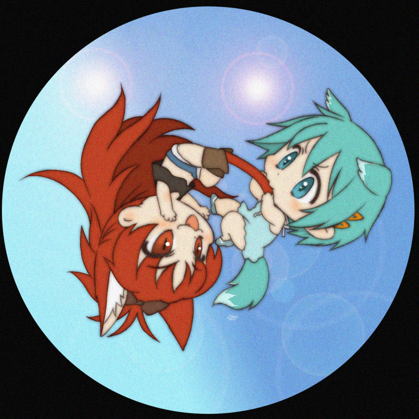 animal_ears, aqua_dress, aqua_eyes, aqua_hair, biting, bow, brown_eyes, brown_hair
