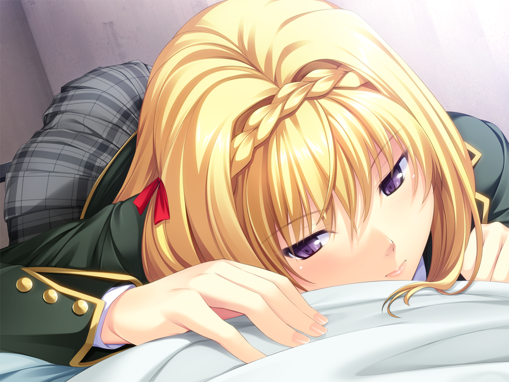 3:, bed, blazer, blonde_hair, braid, game_cg, hair_intakes, joker_-shisen_no_hate_no_doukeshi-