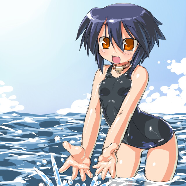 1girl, bare_shoulders, black_hair, black_school_swimsuit, blue_hair, blush, busou_shinki, collar