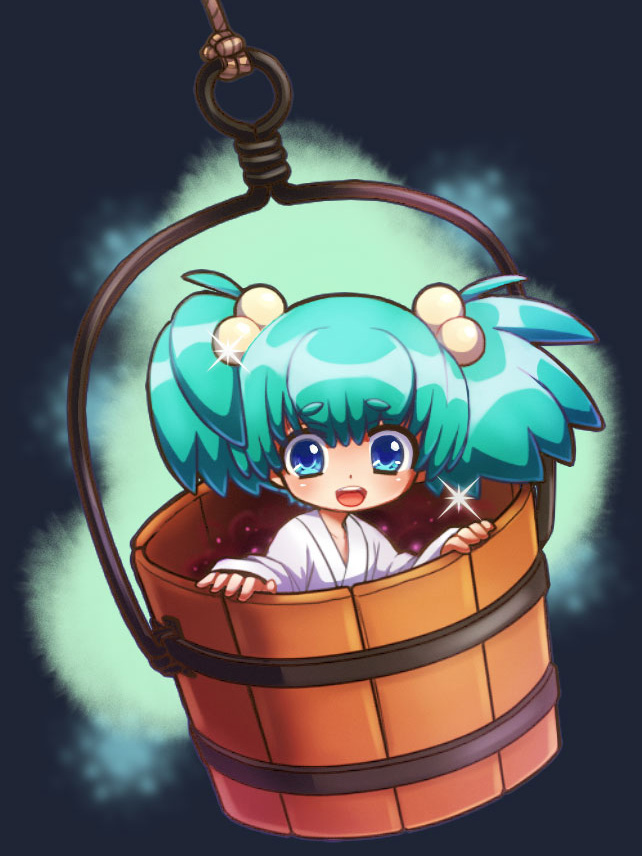 aqua_eyes, aqua_hair, blush, bucket, fujimaru_ao, hair_bobbles, hair_ornament, in_bucket